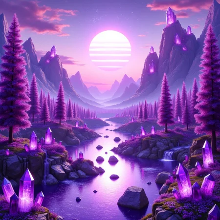 "Majestic mountains covered in sparkling amethyst crystals, rivers flowing with glowing violet water, trees adorned with faceted gem-like leaves, the sky painted in hues of lavender and magenta, and a radiant sun casting a soft, mystical purple glow over the entire scene