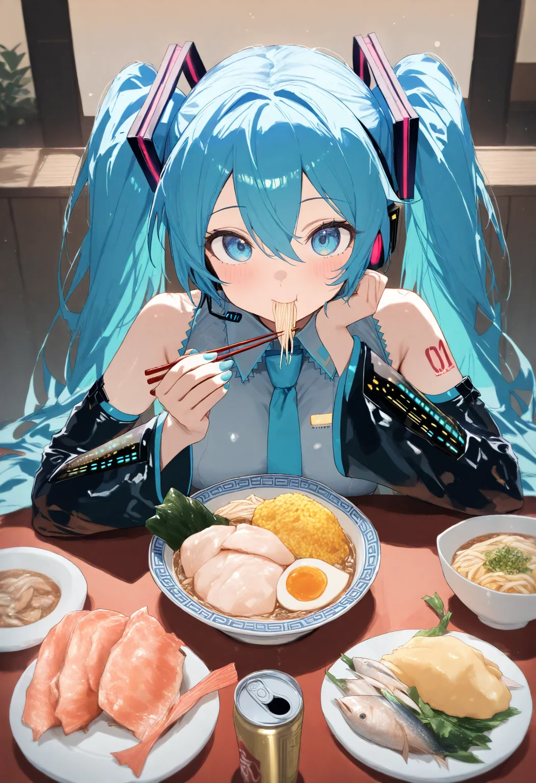 1girl, hatsune miku, vocaloid, blue eyes, blue hair, bowl, can, chopsticks, collared shirt, detached sleeves, eating, elbow rest, fish \(food\), food, holding, holding chopsticks, katsudon \(food\), long hair, long sleeves, looking at viewer, meal, nail polish, necktie, noodles, onigiri, plate, ramen, sashimi, shirt, shrimp, shrimp tempura, sleeveless, sleeveless shirt, solo, spring onion, tempura, twintails