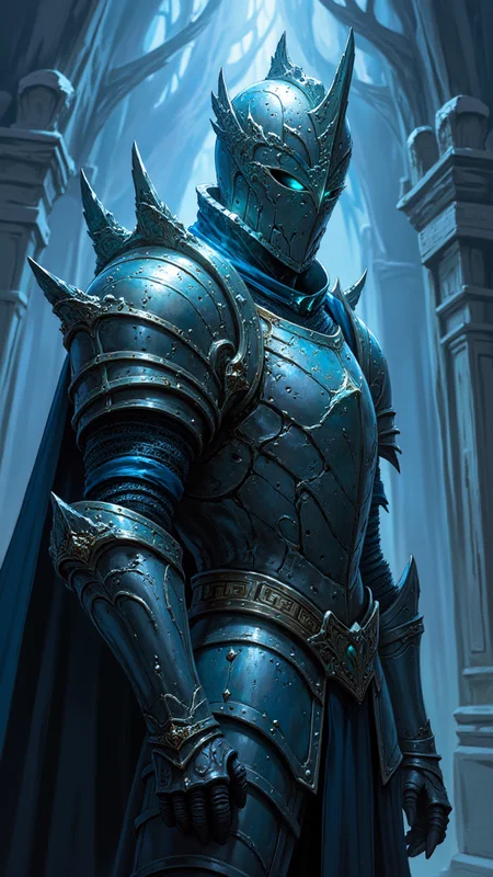painted world, masterpiece, professional artwork, haunted castle background, night time, bioluminescent armor, ((portrait of a powerful ghostly knight)), (rune engravings on armor:1.3), upper body portrait, light fog, wearing full plate armor, great helmet,