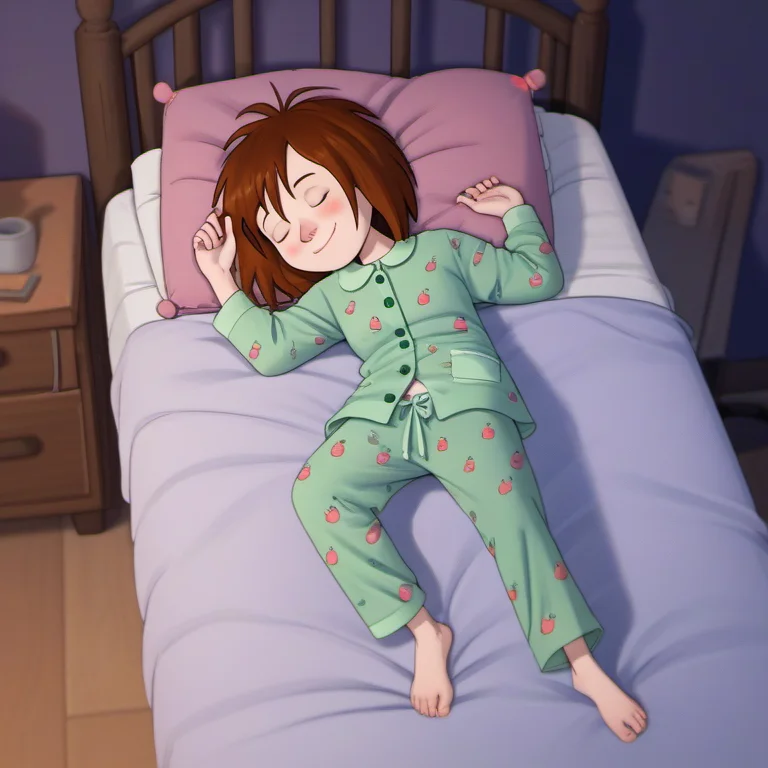 score_9, score_8_up, score_7_up, 1girl, solo, llhh1, brown hair, short hair, ((pajamas)), closed eyes, blush, sleeping, smile, <lora:llhh1:1>, nightlight, dark night, dark, very cosy, asleep, laying down, on bed, legs open., laying on bed, ((full length portrait)), from above, dark Volumetric Lighting,