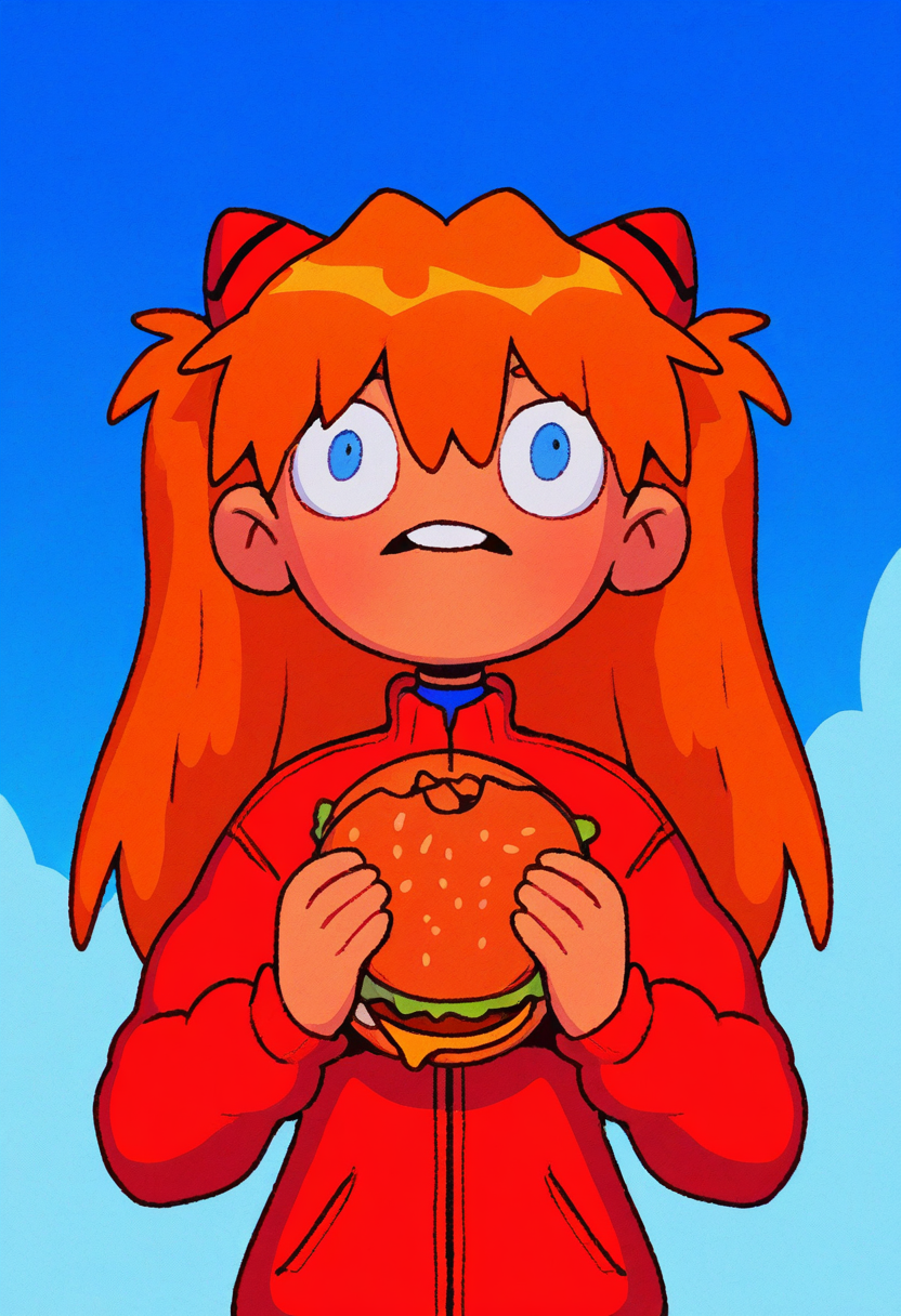 x3t4, masterpiece, cartoon,   best quality, detailed,  solo,   asuka langley, ginger hair, red uniform,  suprised,  blue sky, holding burger, mouth wide open, buck teeth, weird, wide eyes,