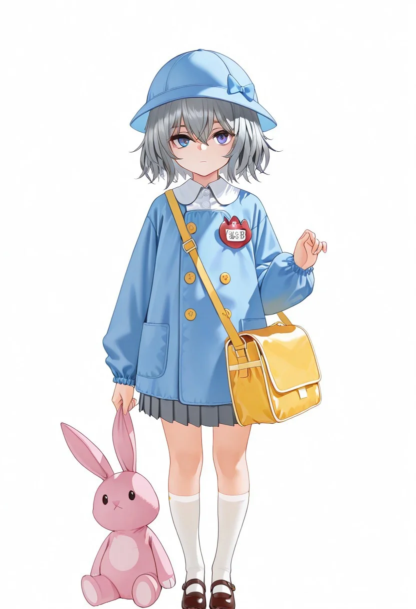 masterpiece, best quality, very aesthetic, absurdres,
1girl, full_body, solo, vanillaware, grey_eyes, grey_hair, medium_hair, bangs, hair_between_eyes, eyebrows_visible_through_hair, kindergarten_uniform, school_hat, blue_headwear, blue_blazer, double-breasted, buttons, sleeve_cuffs, name_tag, white_shirt, collared_shirt, long_sleeves, grey_skirt, pleated_skirt, kneehighs, white_socks, mary_janes, brown_footwear, expressionless, looking_at_viewer, standing, arm_at_side, hand_up, holding_strap, kindergarten_bag, shoulder_bag, yellow_bag, stuffed_rabbit, in_bag, simple_background, white_background,
az-ys-il