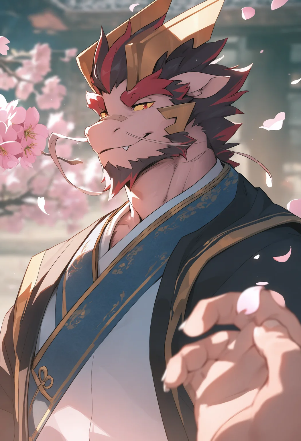 masterpiece, best quality, dragon boy, multicolored hair, yellow sclera, <lora:Tarjumdad-NOOB-0524-000200:1> Tarjumdad, male focus, furry, facial hair, furry male, dragon boy, 1boy, bara, huge eyebrows, solo focus, horns, red hair, dragon horns, beard, thick eyebrows, mature male, petals, falling petals, flower, upper body, chinese clothes, looking at viewer, 2boys, bandaid, smile, goatee, short hair, cherry blossoms, pov, thick beard, multiple boys, <lora:KonyaKarasue-Lokr-NOOBEPS110-000040:1>