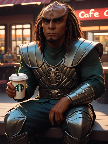 sitting at a sidewalk cafe drinking a latte <lora:Klingon_v2_pony:1> score_9,score_8_up,score_7_up,score_6_up,score_5_up,score_4_up , 1man, kling0n alien, large forehead ridges, brown skin, large eyebrows, wearing warrior armor,