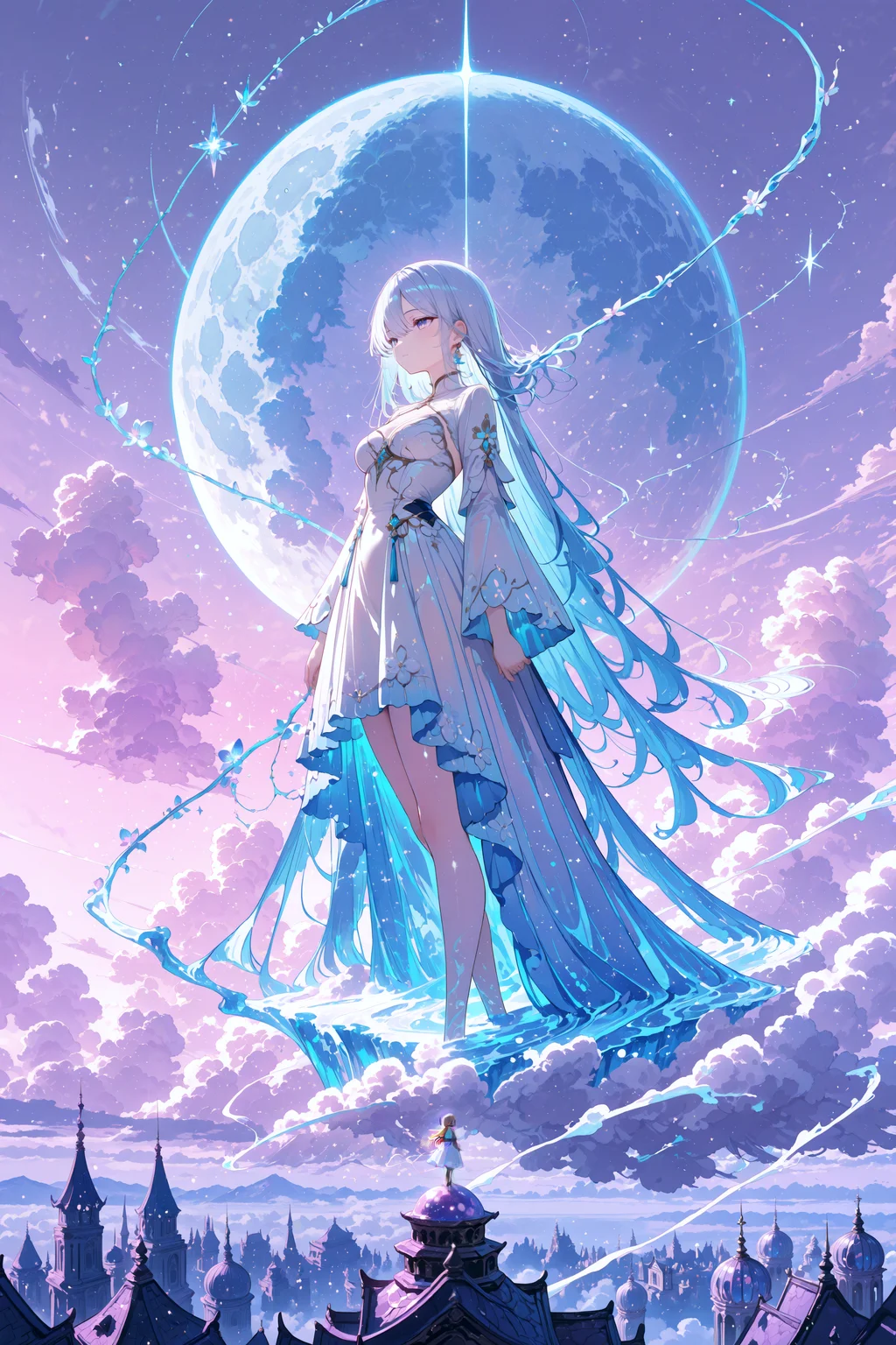 , masterpiece, best quality, highres, absurdres, ethereal fantasy art, digital painting, serene, dreamlike, a lone girl in a long, flowing white dress, her hair drifting in a gentle breeze, standing on a balcony made of crystal or marble, looking out with a sense of wonder, she is in a vast, dreamlike floating city in the sky, comprised of graceful, slender spires made of glowing quartz and mother-of-pearl, waterfalls cascade from island to island, falling into the soft clouds below, buildings are intertwined with giant, bioluminescent flora and glowing vines, the sky is a beautiful twilight gradient of soft purples, pinks, and blues, with two large moons and sparkling constellations visible, the atmosphere is tranquil and silent, with soft, diffused light emanating from the city itself, creating an otherworldly, magical glow, cinematic wide shot to capture the immense scale, 4ur4_illu,shiny