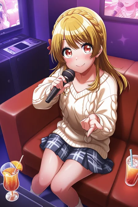 masterpiece, best quality, amazing quality,
<lora:RinkuV2_IL:1> rinku, 1girl, karaoke, skirt, microphone, solo, braid, couch, long hair, smile, red eyes, sweater, holding, looking at viewer, sitting, socks, drink