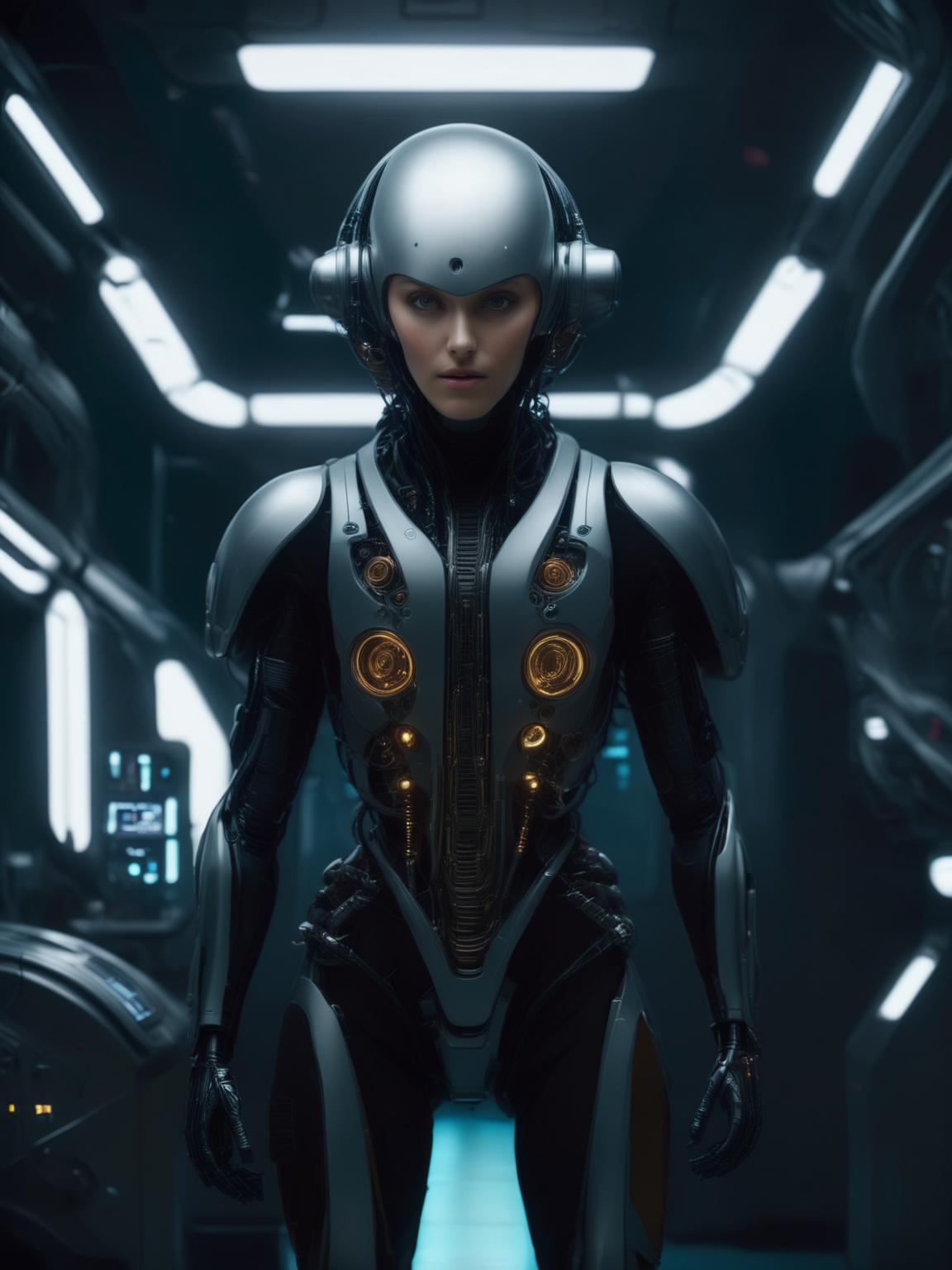 bbuk_style <lora:PureDarkness_RetroSciFi-000060:0.9> a synthetic android person posing for a picture in a engine room, cinematic shot