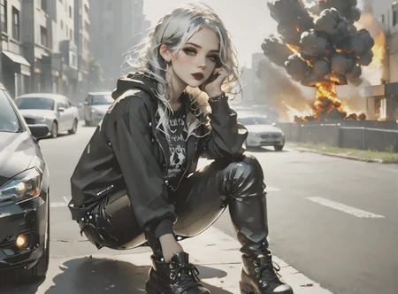 score_9, score_8_up, score_7_up, Environmental scene, character off to side, sitting in repose enjoying the view, woman, pale skin, huge breasts, <lora:sm0k3XLP:1>, <lora:goth_clothes:1>, goth casual clothes, jewelry, black stockings, black shorts, Black hair, white highlights, <lora:_sdxl-gaming-pony:1>, <lora:Nuclear_Explosion:1>, nuclear explosion in background,