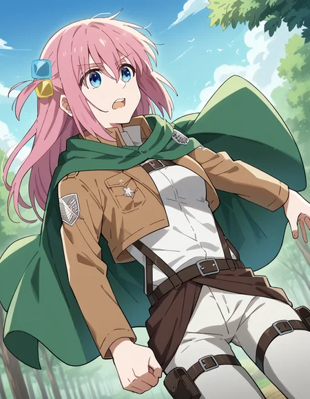 score_9, score_8_up, score_7_up, source_anime, hitorigotou, <lora:hitori-gotou-s1-ponyxl-lora-nochekaiser:1>, hitori gotou, blue eyes, cube hair ornament, hair between eyes, hair ornament, pink hair, one side up, long hair, medium breasts,, <lora:paradis-military-uniform-ponyxl-lora-nochekaiser:1>, paradis military uniform, belt, cloack, cropped jacket, emblem, green cloak, jacket, long sleeves, pants, shirt, thigh strap, uniform, white pants, white shirt, brown jacket,, outdoors, forest, nature, fighting stance, open mouth, floating, flying,, cowboy shot, dutch angle, solo,