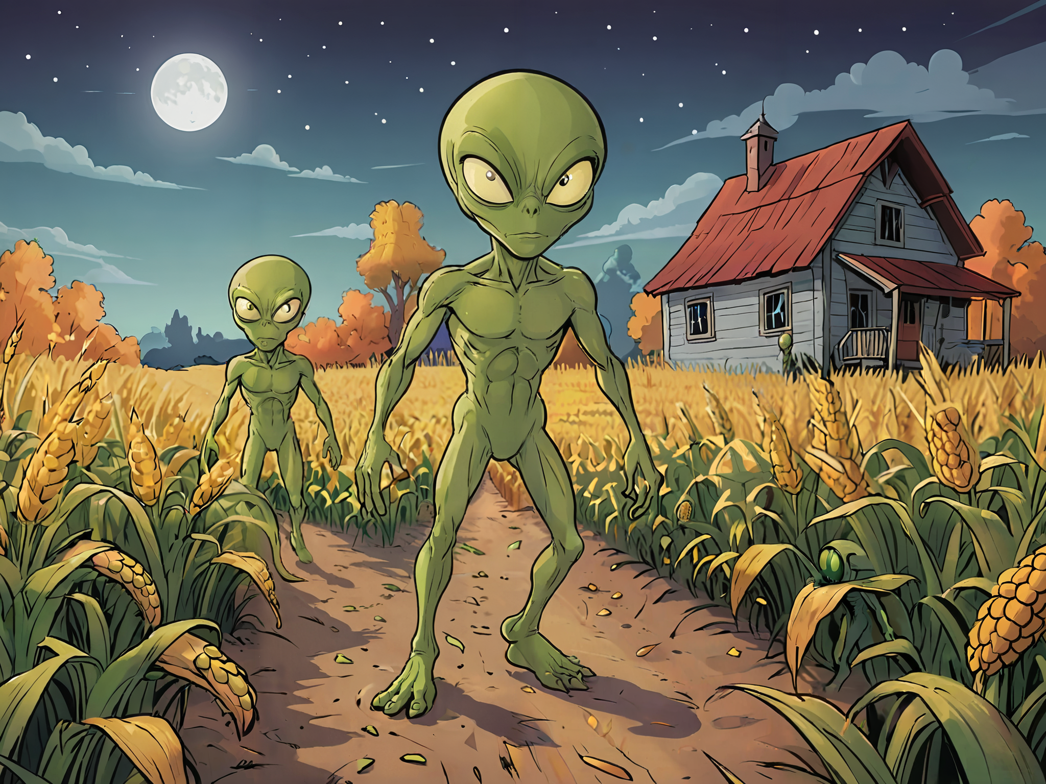 cartoon illustration, nighttime scene, green alien abductors, coming out of the cornfield ,   vivid colors, flat colors    <lora:extremely_detailed:-1> <lora:Cartoon_SDXL_V2-fixed:0.8>cartoon <lora:MJ52:0.2>
