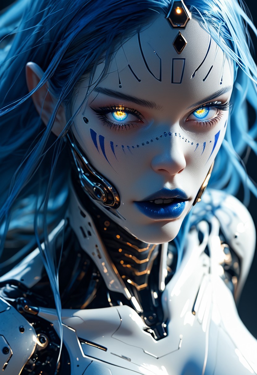score_9, score_8_up, score_7_up, score_6_up, rating_questionable, alien woman, powerful woman, imperious pose, arms lifted, (absolute white skin), detailed glossy skin, large breasts, beautiful face, blue iris, glowing iris, bright glowing eyes, multiple pupils, looking at viewer, fierce expression, elongated head, blue hair, made of machinery, high cheek bones, metallic dark lipstick, thick smooth tentacles on back, smooth tentacles on neck, glowing skin marks, alien setting, dynamic angle, dramatic lighting, cinematic lighting, extremely detailed, 2.5d, cel shaded, render,