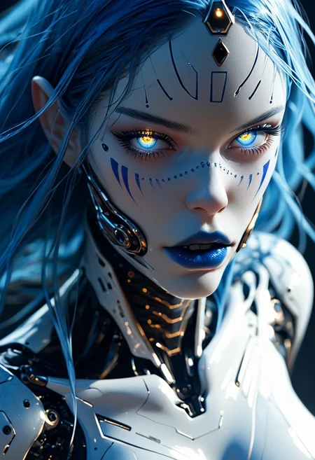 score_9, score_8_up, score_7_up, score_6_up, rating_questionable, alien woman, powerful woman, imperious pose, arms lifted, (absolute white skin), detailed glossy skin, large breasts, beautiful face, blue iris, glowing iris, bright glowing eyes, multiple pupils, looking at viewer, fierce expression, elongated head, blue hair, made of machinery, high cheek bones, metallic dark lipstick, thick smooth tentacles on back, smooth tentacles on neck, glowing skin marks, alien setting, dynamic angle, dramatic lighting, cinematic lighting, extremely detailed, 2.5d, cel shaded, render,
