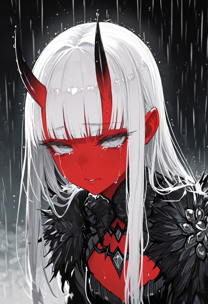 masterpiece, amazing quality, best quality, ultra-detailed, 8K, illustrating, CG, bioluminescent skin, ultra-detailed-eyes, detailed background, cute girl, eyelashes, lowlight
BREAK
sexy, slutty, hot, aroused, 
Aka-Oni, oni, colored skin, red skin, smooth horns, black horns
BREAK
(EyesHD:1.2), (4k,8k,Ultra HD), masterpiece, best quality, ultra-detailed, very aesthetic, sharp focus, depth of field, ray tracing, best lighting, detailed illustration, detailed background, cinematic, beautiful face, beautiful eyes, 
BREAK
detailed background, eyelashes, erotic, looking seductive, coy. dynamic action image, detailed face, detailed eyes, direct mesmerizing gaze, 
BREAK
BREAK
close up,bangs, blunt bangs, crying, grey eyes, long hair, rain, simple background, solo, tears
