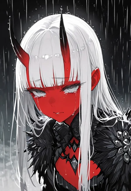 masterpiece, amazing quality, best quality, ultra-detailed, 8K, illustrating, CG, bioluminescent skin, ultra-detailed-eyes, detailed background, cute girl, eyelashes, lowlight
BREAK
sexy, slutty, hot, aroused, 
Aka-Oni, oni, colored skin, red skin, smooth horns, black horns
BREAK
(EyesHD:1.2), (4k,8k,Ultra HD), masterpiece, best quality, ultra-detailed, very aesthetic, sharp focus, depth of field, ray tracing, best lighting, detailed illustration, detailed background, cinematic, beautiful face, beautiful eyes, 
BREAK
detailed background, eyelashes, erotic, looking seductive, coy. dynamic action image, detailed face, detailed eyes, direct mesmerizing gaze, 
BREAK
BREAK
close up,bangs, blunt bangs, crying, grey eyes, long hair, rain, simple background, solo, tears