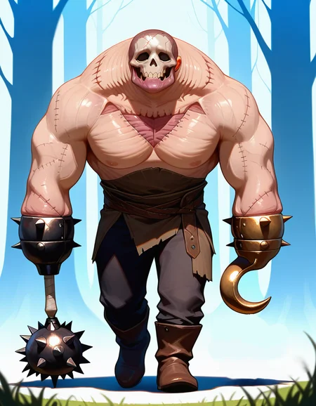 masterpiece, best_quality, high_quality, highres, extremely_detailed, ultra_detailed, detailed_eyes, skin_detail, intricate. subject_focus, depth_of_field, clean_lines, sharp_focus, perfect_anatomy.
FleshBG3, huge, monster, shirtless, stitches, Brown Cloth, weapon arm, spiked mace, hook hand, exposed spine, rotten skin, fullbody
shadow forest, scared, walking