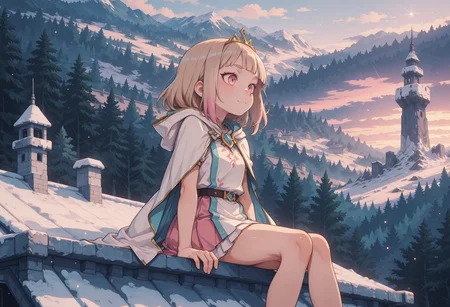 masterpiece,best quality,amazing quality, solo, vibrant, sharp lines, outlines, bold lines, anime screencap, anime coloring, sharp, detailed, clean lines, shadows, light particles, colorful, 2d,
1girl, jagged bangs, light Brown hair, light Pink eyes, petite, fair skin , awkward expression,
from below, from side, sitting on the edge,
tiara, multicolored clothes, split colors, thick eyebrows, pastel White clothes,
tabard skirt, draped shoulder cape,
exterior, glacier, distant forest, distant tower, rooftop, cityscape,
<lora:StS-Illustrious-Detail-Slider-v1.0:1> <lora:re4lity:0.4> re4lity_sync_illu <lora:capstyle:0.3> cpsle2 <lora:setcolor:0.3> setcolor <lora:anime_screencap-IllustriousV2:0.5> <lora:SweetCreamCake_IL:0.6> <lora:feet_anime_il_v3:1> <lora:Mimizunooka-ArtStyle:0.3> n00k4-style <lora:LitSilium-ArtStyle:0.3> s1l1um-style <lora:- iLL - the_edgy_mech_V3.0:0.4> <lora:BSS_GLSHS-IL:0.2> GLSHS, delicate colors, partially illuminated, <lora:S4bit4mago:0.5> S4bit4mago_illu,