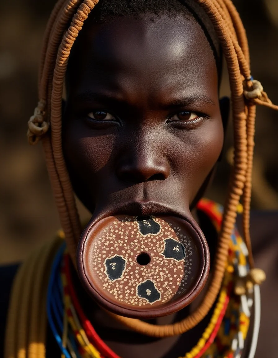 a Murs1 woman, showcasing her distinct facial features and traditional adornments. Her skin is a rich, deep brown, with high, prominent cheekbones and a broad, flat nose, emphasizing her striking natural beauty. Her piercing gaze exudes strength and wisdom, a reflection of her cultural resilience. Her ears are adorned with intricately designed wooden or clay plugs, extending her earlobes in traditional style. Around her neck are multiple layers of carefully hand-strung, colorful beaded necklaces, each bead telling a story of heritage and identity. Her hair is styled in short, tight braids coated with organic mud and natural pigments in earthy ochre tones. The iconic large ceramic lip plate (dhebi a tugoin) accentuates her appearance, decorated with fine hand-painted patterns symbolizing Murs1 artistry. Every detail, from her facial features to her traditional jewelry, is rendered in highly realistic textures and vibrant detail, capturing the essence of her identity within the cultural context.
<lora:mursi:1>
<lora:dark art movement style v1:1> dark art movement style, beautiful light set up, dynamic range lighting, RAW candid cinema, 16mm, color graded portra 400 film, remarkable color, ultra realistic, textured skin, remarkable detailed pupils, realistic dull skin noise, visible skin detail, skin fuzz, dry skin, shot with cinematic camera