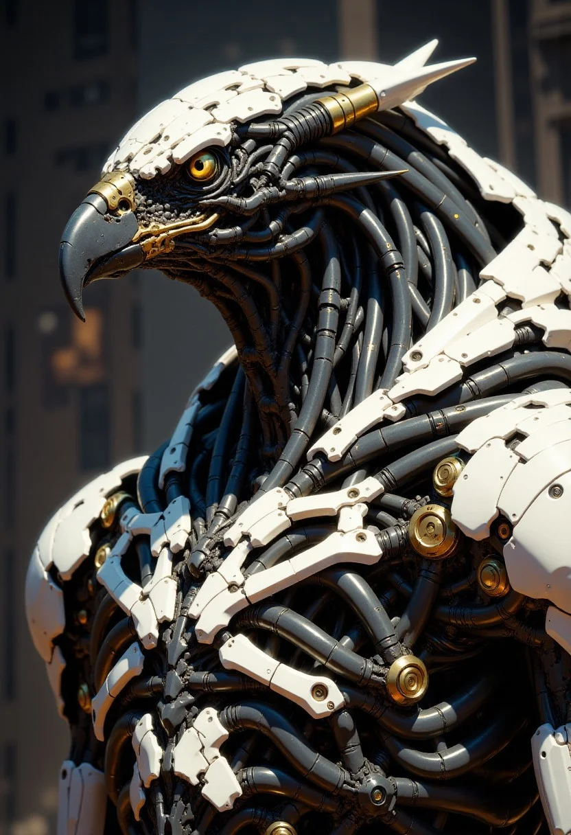 a highly detailed digital artwork depicting a futuristic, anthropomorphic eagle. The eagle, with a realistic beak and piercing yellow eyes, is intricately covered in advanced, cybernetic armor. The armor is composed of numerous interconnected metallic plates, wires, and circuit boards, giving it a high-tech, robotic appearance. The textures range from smooth, polished metal to rough, organic-looking wires and circuitry. The eagle's body, partially visible, showcases a blend of mechanical and organic elements, including metallic limbs and a complex, intricate chest plate. The background is blurred and dark, focusing attention on the eagle, with hints of a futuristic setting. The camera angle is a close-up, slightly tilted shot, emphasizing the eagle's head and upper body. The overall style is a mix of realism and science fiction, showcasing advanced digital art techniques. articyborg, in the style of artics