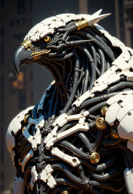 a highly detailed digital artwork depicting a futuristic, anthropomorphic eagle. The eagle, with a realistic beak and piercing yellow eyes, is intricately covered in advanced, cybernetic armor. The armor is composed of numerous interconnected metallic plates, wires, and circuit boards, giving it a high-tech, robotic appearance. The textures range from smooth, polished metal to rough, organic-looking wires and circuitry. The eagle's body, partially visible, showcases a blend of mechanical and organic elements, including metallic limbs and a complex, intricate chest plate. The background is blurred and dark, focusing attention on the eagle, with hints of a futuristic setting. The camera angle is a close-up, slightly tilted shot, emphasizing the eagle's head and upper body. The overall style is a mix of realism and science fiction, showcasing advanced digital art techniques. articyborg, in the style of artics