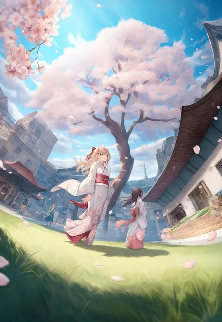 2girls, hanami, kimono, scenery, cherry blossoms, petals, falling petals, wind, shadow, light, from below, building, sky, grass, horizon, (fisheye:0.3), dutch angle, aoi sakura \(seak5545\), achyue, momoko \(momopoco\), (torino aqua:0.7),  hebbtia, toto \(caaaaarrot\), nagi itsuki, mappaninatta, nanohana \(november.\), masterpiece, best quality, very aesthetic, 