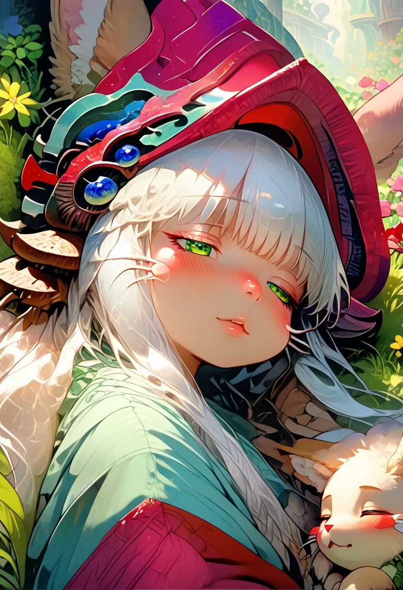 score_9, score_8_up, score_7_up, source_cartoon, 1girl, nanachi, \(made in abyss\)/,(ultra HD quality details), green eyes, white hair, furry, animal ears, tail, sidelocks, solo, adorable nanachi, sleeping on a flower, sleeping, (tiny size, sleeping:1.2), blushing, moaning, (puffy pants, helmet, long hair, ears through headwear:1.1), colorful detailed flower background, (detailed image, high resolution, 5k resolution:1.0), Expressiveh,