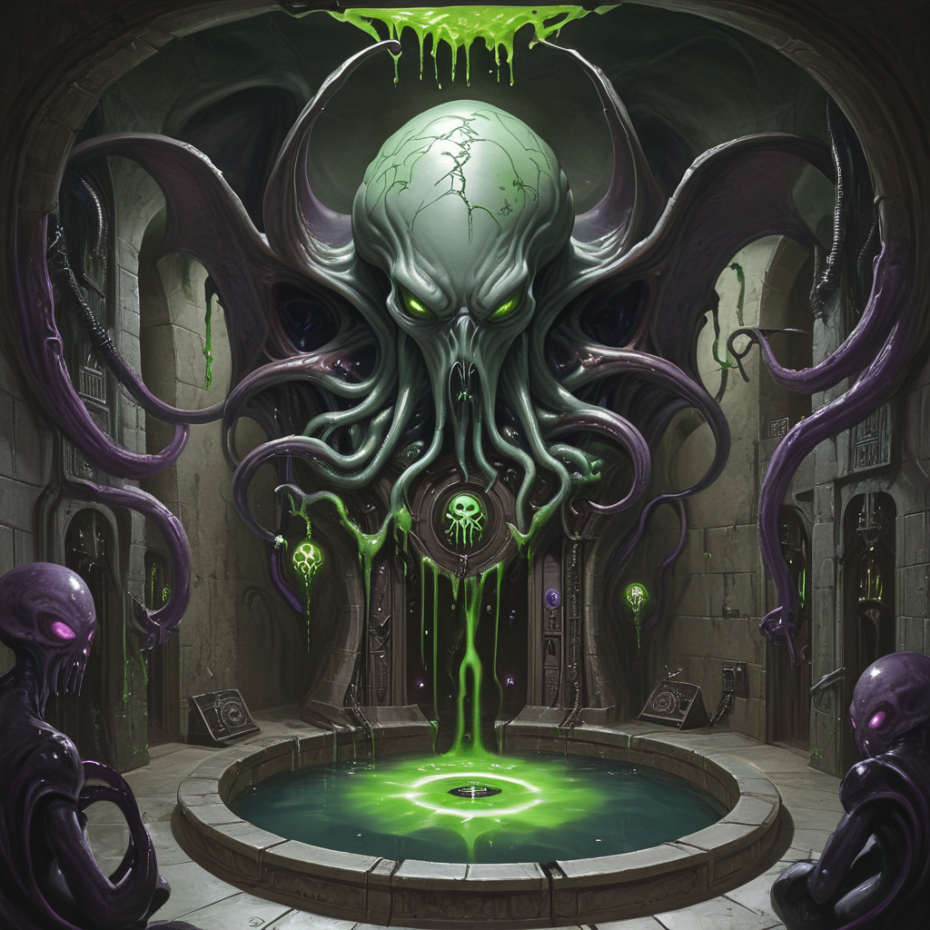 ArsMJStyle, dnddarkestfantasy,  <lora:DnD_Darkest_Fantasy_Party:1>,   Mindflayer's Lair, The image presents the horrifying inner sanctum of a mindflayer. Brain-like structures cover the walls, pulsing with psychic energy. Enslaved thralls stand in tubes of green liquid. Arcane machinery and eldritch symbols fill the room. A central pool reflects impossible geometries., no humans, mindflayer, brain, psychic energy, eldritch, arcane technology, slaves, impossible geometry, dark fantasy, horror, alien, unsettling