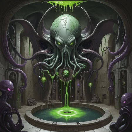 ArsMJStyle, dnddarkestfantasy, <lora:DnD_Darkest_Fantasy_Party:1>, Mindflayer's Lair, The image presents the horrifying inner sanctum of a mindflayer. Brain-like structures cover the walls, pulsing with psychic energy. Enslaved thralls stand in tubes of green liquid. Arcane machinery and eldritch symbols fill the room. A central pool reflects impossible geometries., no humans, mindflayer, brain, psychic energy, eldritch, arcane technology, slaves, impossible geometry, dark fantasy, horror, alien, unsettling