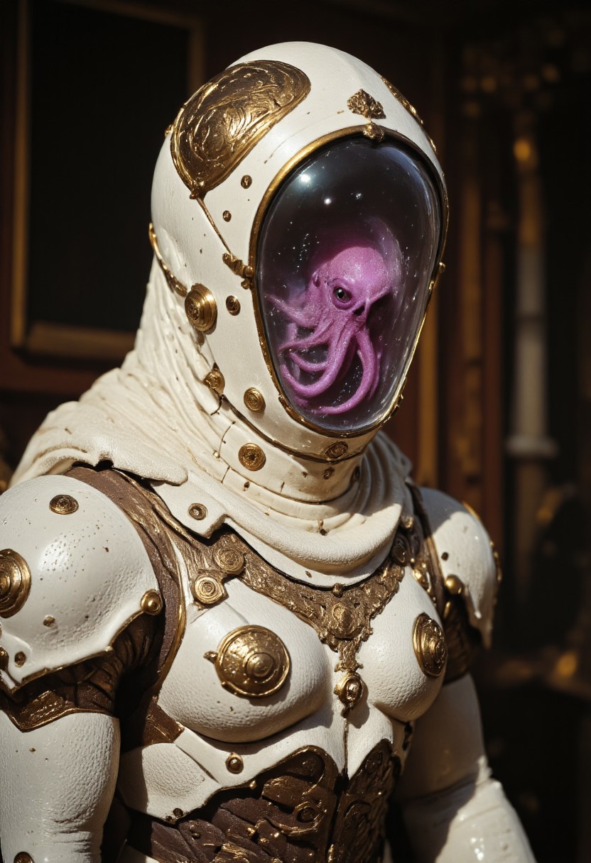 high quality cinematic shot of a heavy armored royal knight with a translucent fishtank-head resembling a fishbowl with a translucent purple octopus INSIDE, in pristine white armor sitting on a couch, volumetric lighting, realistic textures and light,