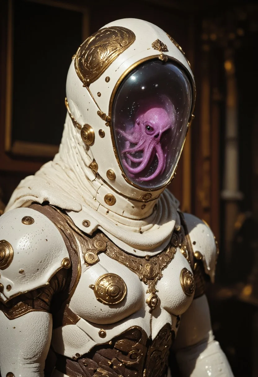 high quality cinematic shot of a heavy armored royal knight with a translucent fishtank-head resembling a fishbowl with a translucent purple octopus INSIDE, in pristine white armor sitting on a couch, volumetric lighting, realistic textures and light,