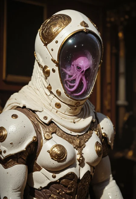 high quality cinematic shot of a heavy armored royal knight with a translucent fishtank-head resembling a fishbowl with a translucent purple octopus INSIDE, in pristine white armor sitting on a couch, volumetric lighting, realistic textures and light,