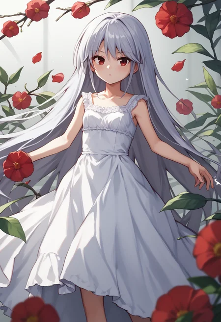 score_9, score_7_up, 1girl, Kazuki, silver hair, long hair, red eyes, white sundress, <lora:Kazuki Lora-000009:1>