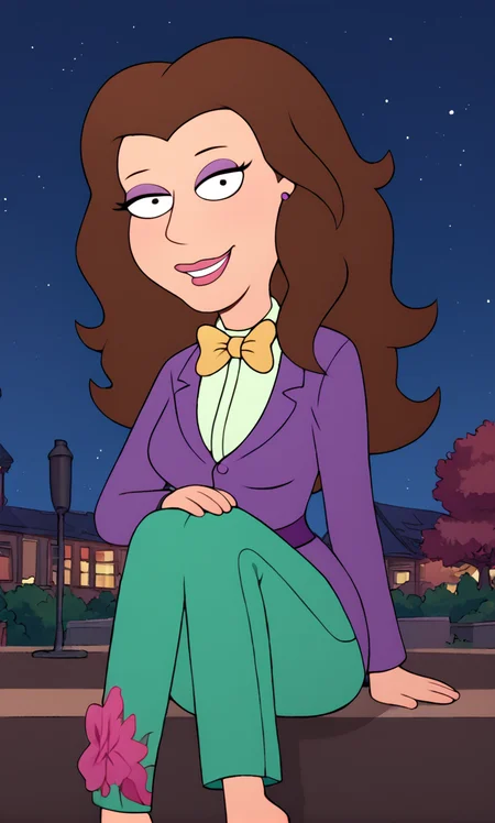 Dr_Amanda_Rebecca, FamilyGuy_Style, score_9_up, score_8_up, score_7_up, score_6_up, 1girl, brown hair, long hair, smile, makeup, (knees up), (Light Brown)(Bowtie neck top with a floral print.:1.2), (Sky)(Pinstripe trousers), (night sky background:1.2), (look), (naughty smile), black eyes,  <lora:FamilyGuy_Style-000014:1>