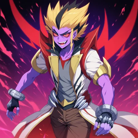 <lora:Bolt_Fuchigami:1>,bolt fuchigami,dark persona,1boy,male focus,solo,fingerless gloves,wings,gloves,open mouth,white-yellow-red long coat,pants,colored skin,open coat,teeth,colored sclera,brown pants,grey shirt,bracelet,purple skin,red sclera,upper body,masterpiece,high score,great score,absurdres,