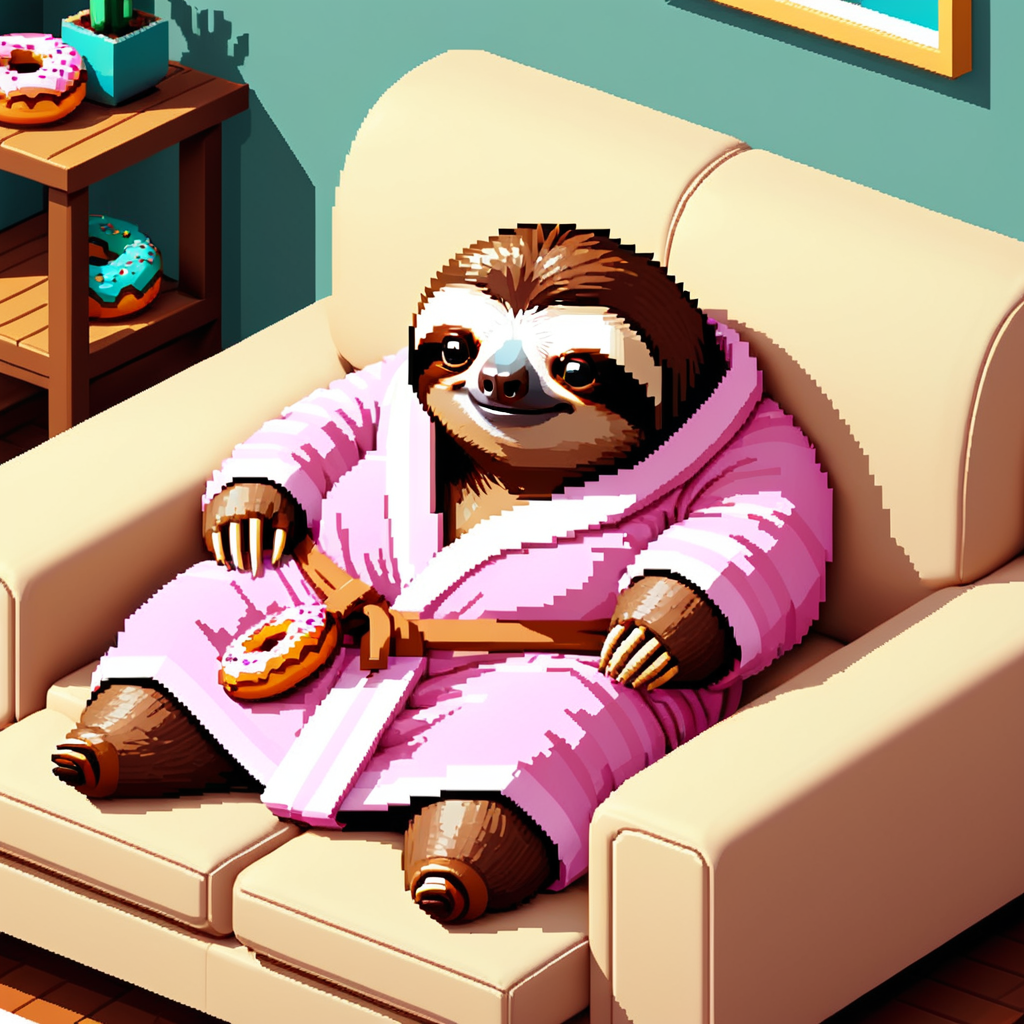 pixel-art <lora:sl0th-000007:0.7> , sloth wearing a bathrobe, laying on a couch, pile of donuts on stomach, detailed, low-res, blocky, pixel art style, 8-bit graphics