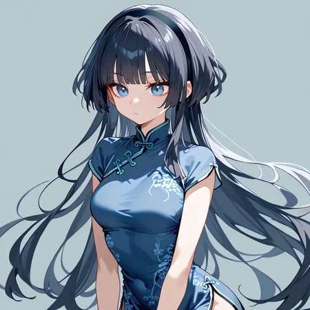 score_9, score_8_up, score_7_up, simple background,
1girl, jfcut, long hair, china dress, hairband, 
 <lora:jellyfish_haircut_pony_v1:0.5>