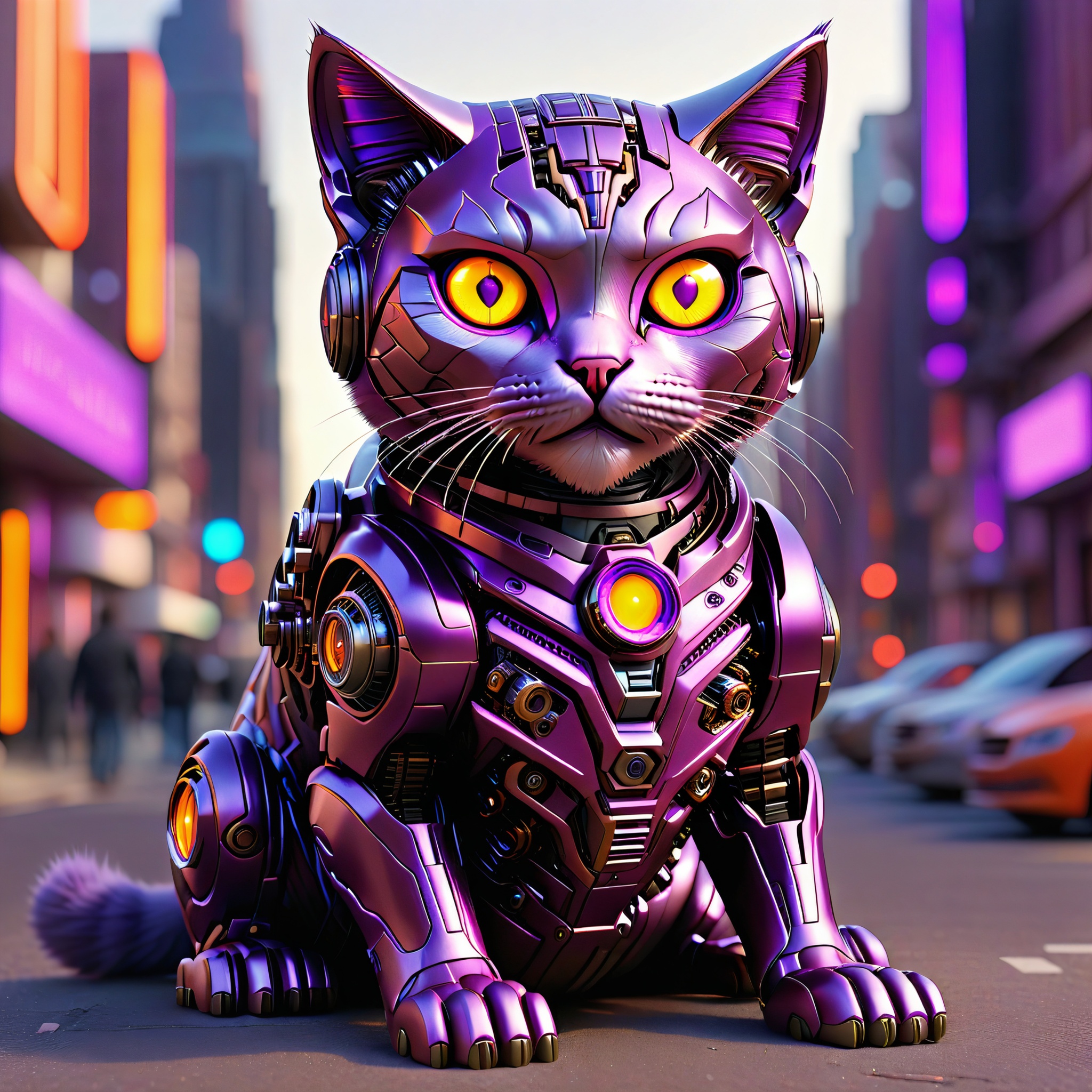 sitting hybrid full bio-mechanical cat with purple metallic fur and orange glowing camera eyes in the streets of a futuristic mega city on the mars