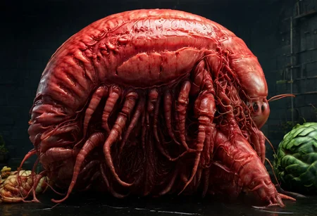 A cinematic photograph of a watermelon made of poly acrylic in the shape a crayfish in the shape of a morbidly obese woman, in the style of Raphael,  Movie Still, Film Still, Cinematic, Cinematic Shot, Cinematic Lighting, JuggernautNegative, biopunkai, Disgusting, Globby, Goo, Yucky, Icky