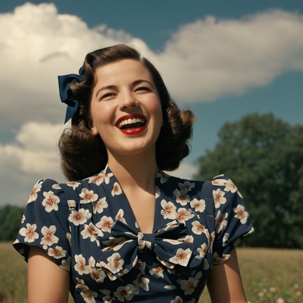 cinematic film still of  <lora:1940's style:1>
In the 1940's a woman in a floral dress posing for a picture,1girl,solo,smile,open mouth,brown hair,black hair,dress,bow,short sleeves,hair bow,outdoors,sky,teeth,day,cloud,black dress,blue sky,floral print,cloudy sky,curly hair,print dress  ,realistic,realism,perfection,perfect,filmic,retro,vintage,classic,different haircut,different look,different style,1940's style , 1940 style, shallow depth of field, vignette, highly detailed, high budget, bokeh, cinemascope, moody, epic, gorgeous, film grain, grainy