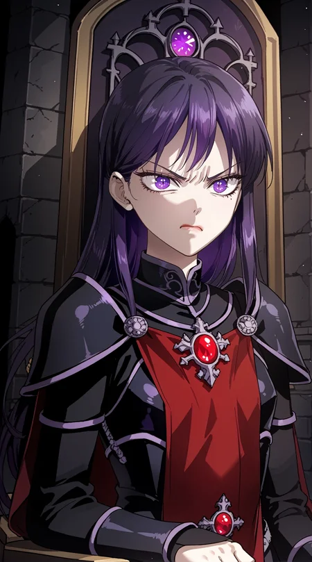 score_9, score_8_up, score_7_up,source_anime,
 <lora:Medea_Solon__Your_Throne__Manhwa:0.9> MedeaSolon, purple eyes, purple hair, mole under eye, long hair,
1girl,
dark, [black background::0.1],
evil castle, dark stone wall, throne room, 
black armor, red tabard, 
(angry:0.8),glaring, 
closed mouth,