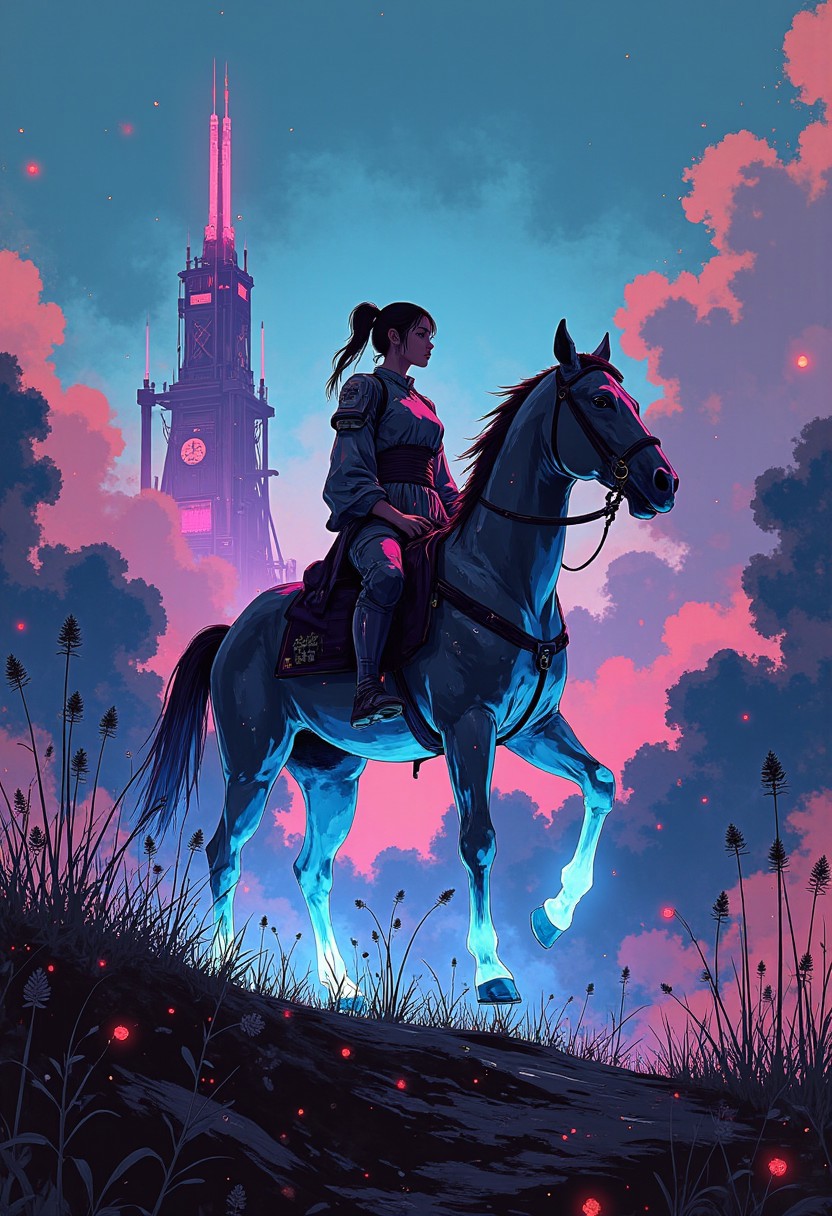 A neon knight rides through a dystopian landscape on a glowing, holographic horse. Her armor shifts colors with each step, and the digital landscape around her glitches as she gallops toward a massive, ominous tower.