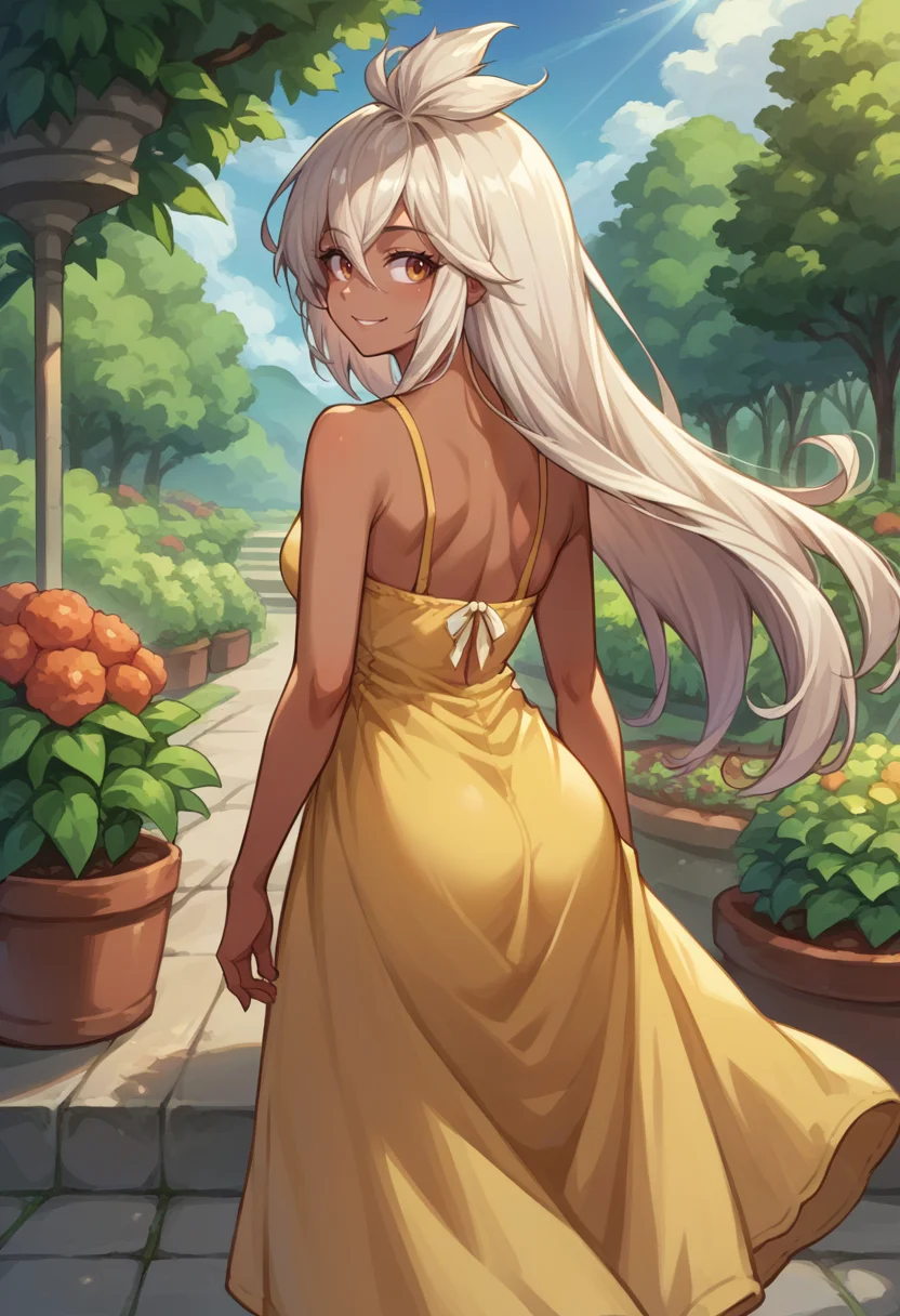 score_9, score_8_up, source_anime, 1girl, solo, Zooey, dark skin, long hair, ahoge, from behind, yellow sundress, garden, day, sunshine, smile, looking back <lora:ChamZooeyGBPonyXL:1>