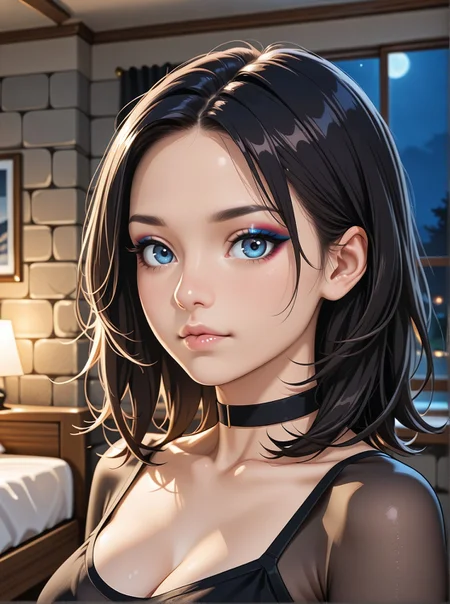 woman, portrait, eyeliner, looking at viewer, chest, transparent black top, see-through, choker, indoors, bedroom, stone wall, night, close-up, bodyline, cleavage,, <lora:Woomy_1_IL:0.6> black hair, blue eyes, medium hair,