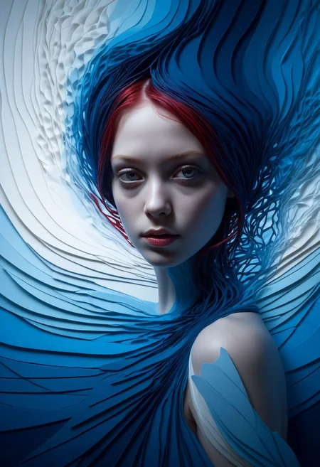 layered papercut, mysterious face, an exotic girl in artsy clothing, fading backlit background, (deep sea fading white to deep blue/red), alluring goddess, by Minjae Lee, Carne Griffiths, Emily Kell, Steve McCurry, Geoffroy Thoorens, Aaron Horkey, Jordan Grimmer, Greg Rutkowski, amazing depth, double exposure, surreal, geometric patterns, intricately detailed, bokeh,  perfect balanced, deep fine borders, artistic photorealism , smooth,  great masterwork by Suiras  <lora:add-detail-xl:2>  <lora:Double_Exposure:0.5>