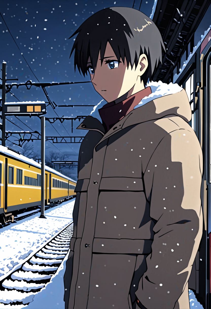 Highres, Masterpiece, High Quality, 4K, 8K, solo, 1Boy, Takaki Toono, adult, black hair, short hair, casual, snow jacket, train station, stuck train, blizzard, night, easynegative, detailed_eye_model