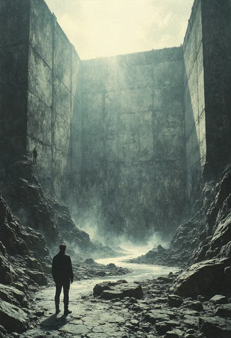 Low-angle perspective DSLR photo of a massive, infinitely wide, minimalist brutalist concrete dam, awe-inspiring scale and width dimensions, vertigo angle, a person appears tiny compared to the enormous size of the dam, in the style of brutalist architecture, aerial view, realistic hyper-detail, dramatic lighting and ominous soft shadows, godrays and mist, Fujifilm Pro 400H., <lora:models\Flux\CPA:0.6> anime cyberpunk, <lora:models\Flux\Mezzotint_Artstyle_for_Flux_-_by_Ethanar:0.65>, ,