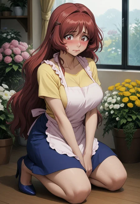 source_anime, ((score_9)),score_8_up,score_7_up,score_6_up,score_5_up,score_4_up, takama_kozue, t4k4m4k0zu3, 1woman, huge breasts, brown_eyes, long hair, red hair, hair intakes, bang, sidelocks, Blush, Full-Faced Blush, Embarrassed, red face, steam, yellow_shirt, blue skirt, highheels, hairclip, ((white apron)), florist, flowers,, masterpiece, best quality