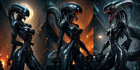(otherworldly), highly insanely detailed, masterpiece, top quality, best quality, highres, 4k, 8k, RAW photo, (very aesthetic, beautiful and aesthetic),
__lazy-wildcards/cosplay-char/alien-predator/xenomorph/prompts__,
<lora:FemXeno:0.8>,
(1girl:1.3), eyes focus,
__lazy-wildcards/dataset/background__,âââ