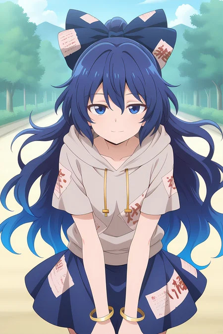 absurdres, highres, masterpiece, best quality, amazing quality, official anime artwork, screencap, anime screencap, outdoors, looking at viewer, light smile, dynamic pose, 
<lora:Shion-Yorigami-Illustrious:1> yorigami shion, 1girl, solo, blue eyes, blue hair, long hair,, hair bow, grey hoodie, short sleeves, blue skirt, bracelet, standing,