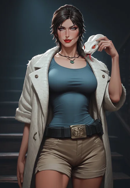 score_9,score_8_up,score_7_up,score_6_up, Expressiveh,Jed-LraC ,Lara Croft , A tight tank top, short shorts, combat boots, belt, tomb raider, super detailed, super high resolution, 1girl, solo, looking at viewer, indoors, ornate wooden stairs, <lora:Snake_on_Shoulders:0.8> sn4k3, snake, cowboy shot, snake on shoulders, head resting in hand, white fur coat, fluffy coat, makeup, night time, smirk, red lipstick,, masterpiece, best quality, good quality, newest