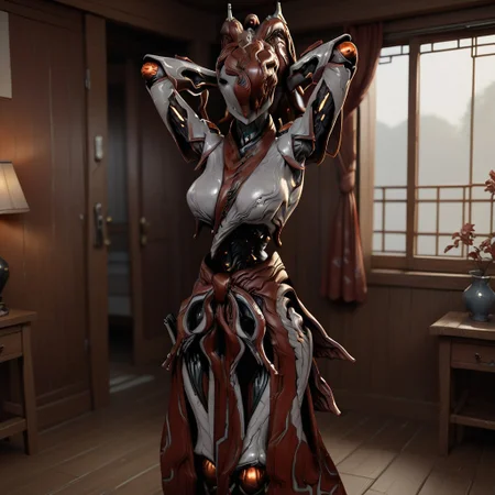 score_10, score_9_up, score_8_up, score_7_up, score_6_up, solo, female, in house, room, (Koumei: warframe, robot, faceless, kimono-dress, skinny, large breast size), standing, arms behind head